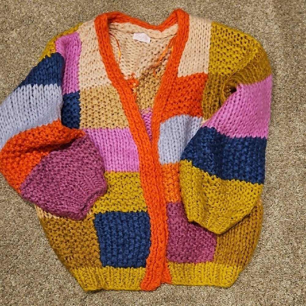 Pink Lily Orange and Blue Chunky Knit Cardigan